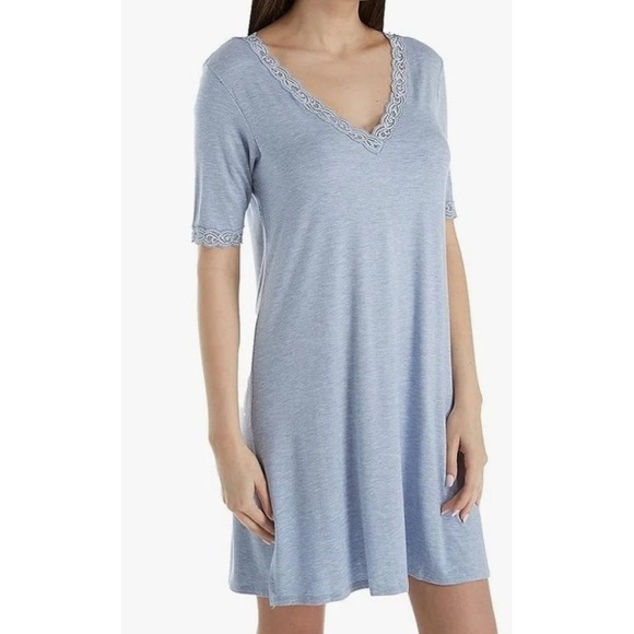 Natori Heathered Blue‎ Feathers Knit Sleepshirt  Sz M Feminine Soft Lace - Picture 1 of 11